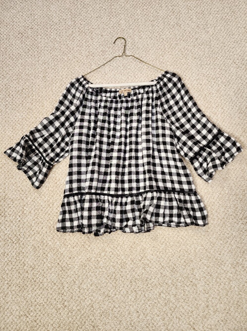 Democracy Black & White Gingham Ruffle-Sleeve Women's Top Blouse Sz L